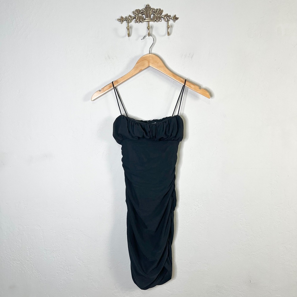 Princess Polly Penney Mini Dress Sz 2 Black Milkmaid Ruched Spaghetti Strap NEW